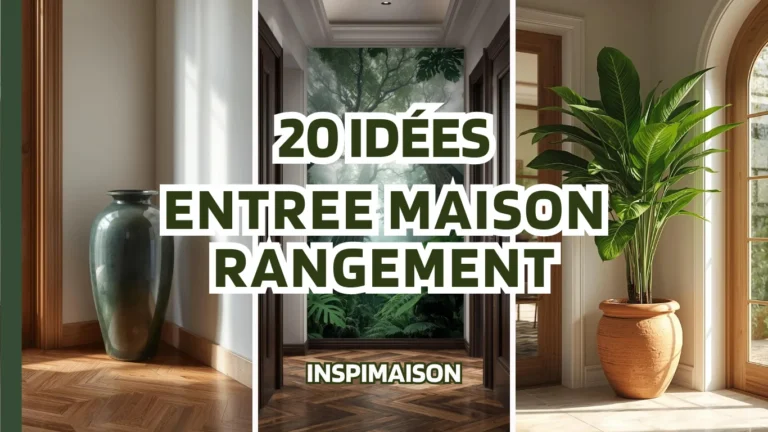 Image principale "20 Idées Entrée Maison Rangement" montrant un collage de 3 inspirations pour un decor entree de maison : un papier peint forêt, une plante XXL et un vase.