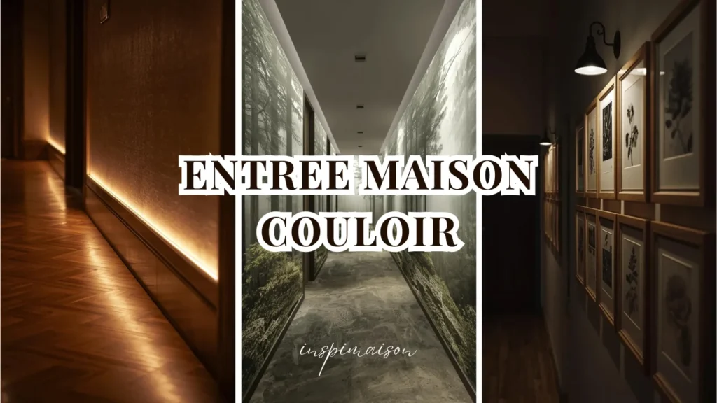 Image principale pour l'article "entrée maison couloir", un collage de trois idées : éclairage LED le long des plinthes, papier peint panoramique de forêt, et un mur de galerie.