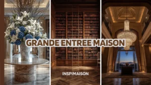 Collage de trois idées pour une grande entrée maison : un îlot central avec un vase majestueux, une bibliothèque murale du sol au plafond, et un lustre spectaculaire.