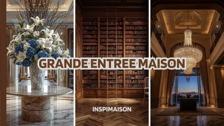 Collage de trois idées pour une grande entrée maison : un îlot central avec un vase majestueux, une bibliothèque murale du sol au plafond, et un lustre spectaculaire.