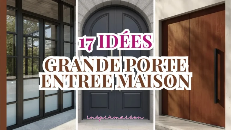 Collage de trois photos montrant des idées de grande porte d'entrée : une porte vitrée style atelier, une double porte cintrée, et une porte pivotante moderne. Le texte "17 Idées Grande Porte Entree Maison" est superposé.