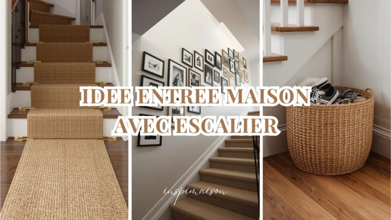 Collage de trois idées pour une entrée de maison avec escalier : un tapis de passage texturé, une galerie de photos sur le mur, et un panier à chaussures tressé.