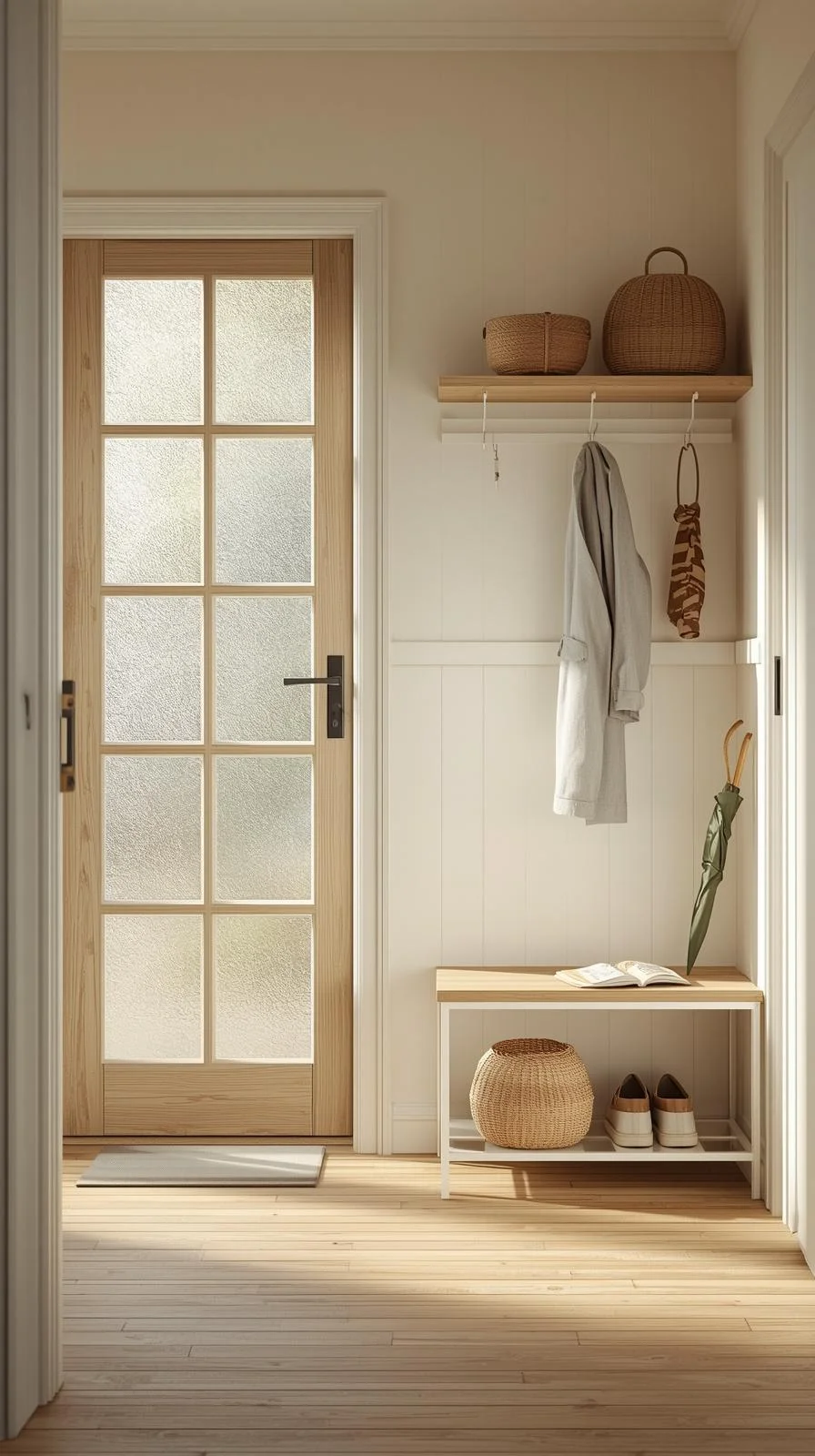Une entrée minimaliste et lumineuse avec un banc blanc et bois, une étagère, des patères et une porte d'entrée vitrée.