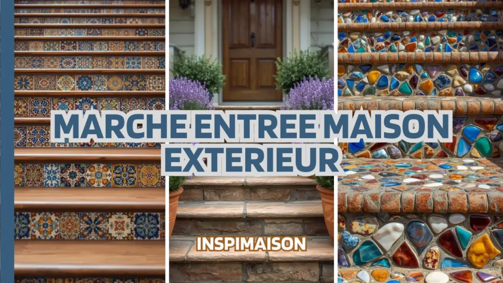 Collage de trois idées pour marches d'entrée extérieure : escalier avec contremarches en carreaux de ciment, escalier en brique bordé de lavande en pot, et escalier avec contremarches en mosaïque colorée. Le texte "MARCHE ENTREE MAISON EXTERIEUR" est superposé.