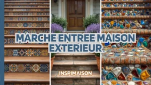 Collage de trois idées pour marches d'entrée extérieure : escalier avec contremarches en carreaux de ciment, escalier en brique bordé de lavande en pot, et escalier avec contremarches en mosaïque colorée. Le texte "MARCHE ENTREE MAISON EXTERIEUR" est superposé.
