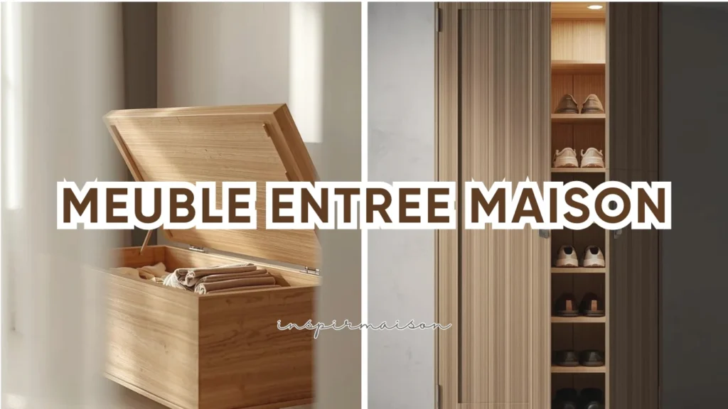 Meuble entrée maison : collage de solutions de rangement intelligentes avec un banc coffre en bois et une armoire à chaussures fermée.