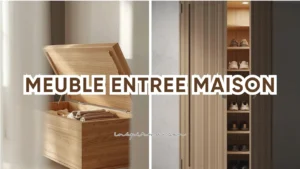 Meuble entrée maison : collage de solutions de rangement intelligentes avec un banc coffre en bois et une armoire à chaussures fermée.
