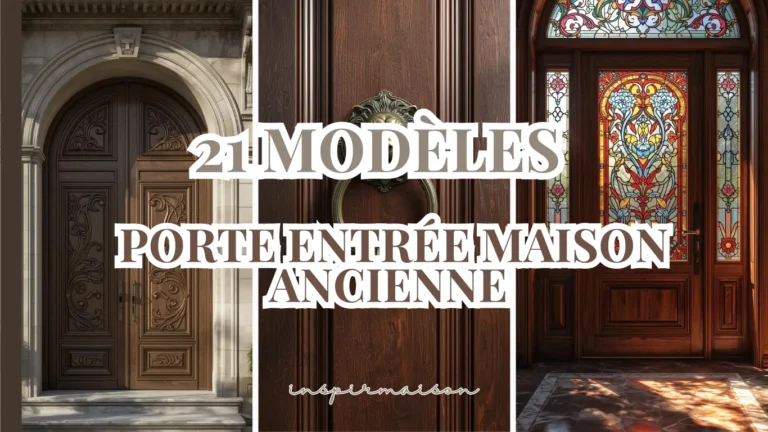Collage de trois modèles de portes d'entrée anciennes : une porte cintrée en bois sculpté, un heurtoir lion en bronze, et une porte avec vitrail coloré.