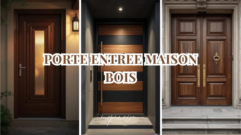 Collage de trois portes d'entrée maison bois : une porte vitrée, une porte design moderne, et une double porte traditionnelle en bois.