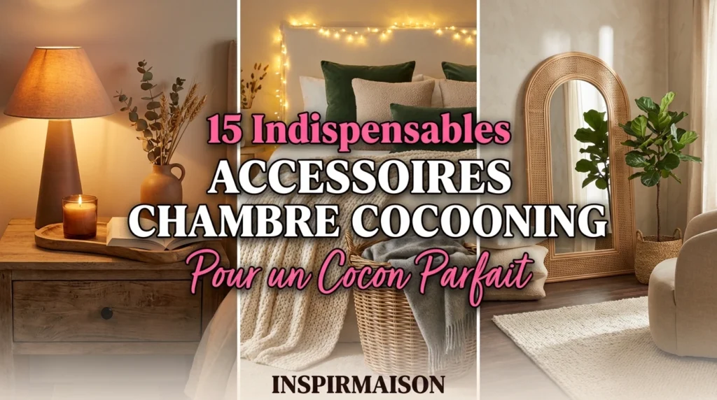 Collage d'accessoires de décoration pour une chambre cocooning : lampe, lit douillet et miroir en rotin.