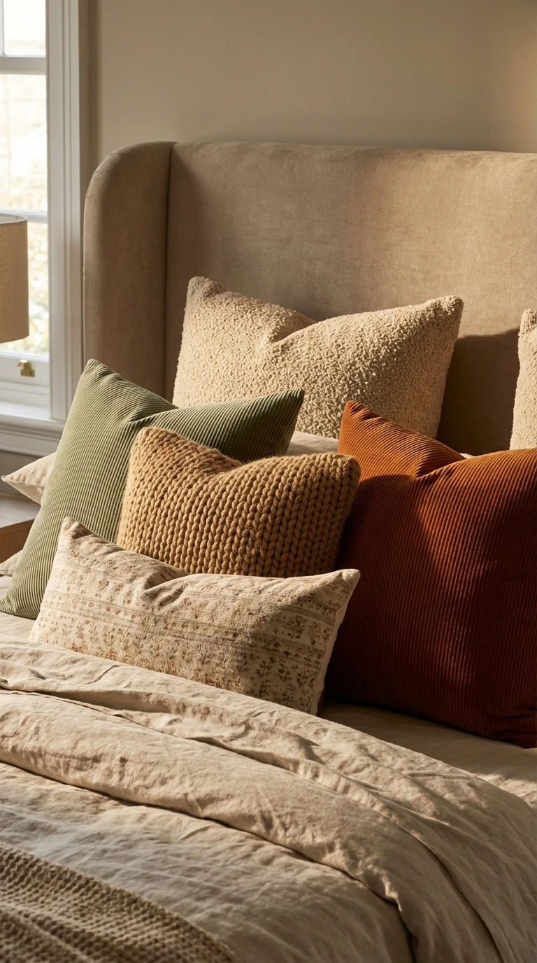 Coussins texturés et colorés pour décorer un lit avec volume