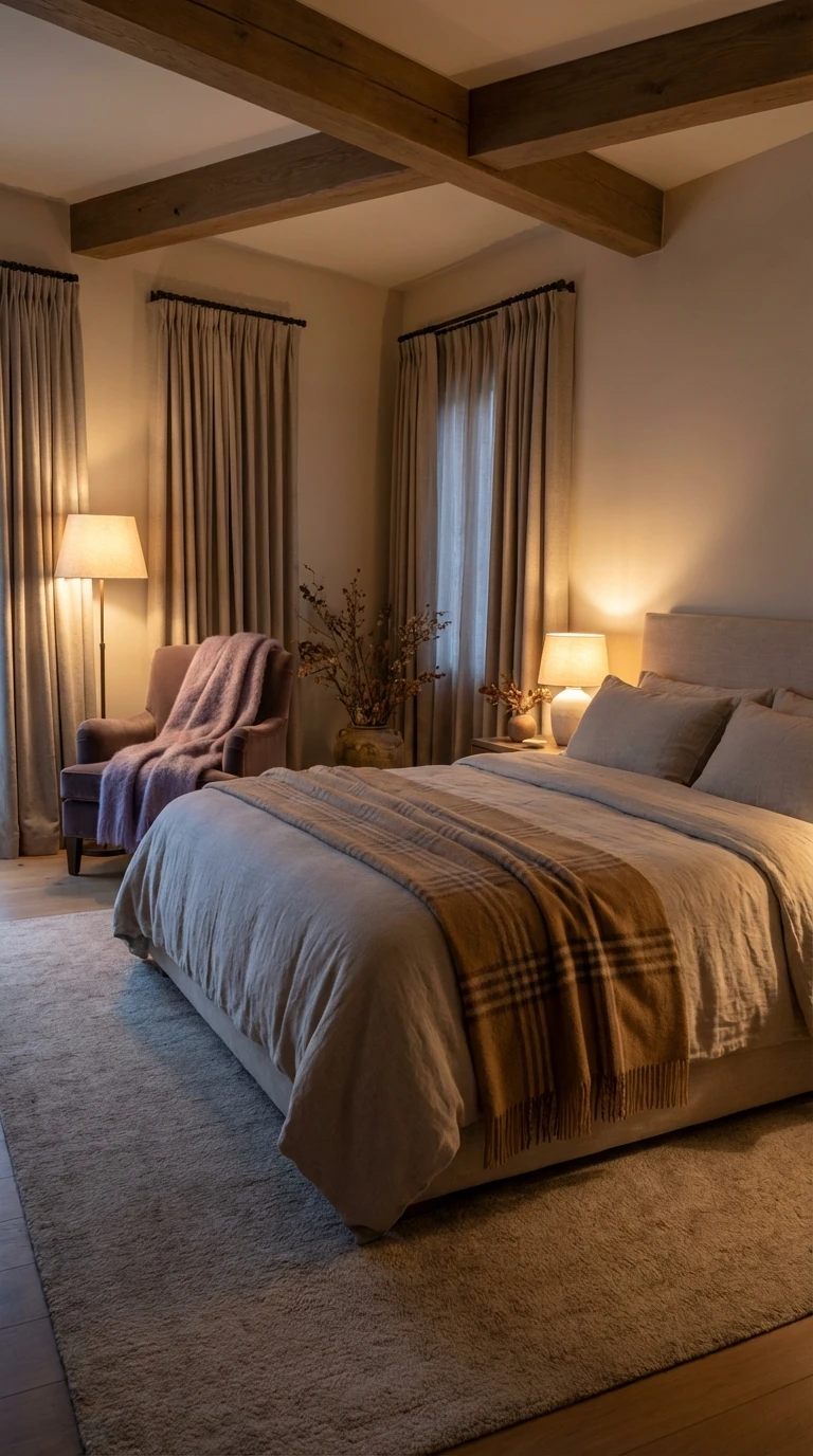 Plaids sur lit et fauteuil : invitation permanente au repos