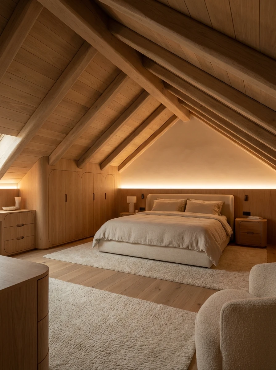 Chambre sous combles au design Feng Shui et bois naturel