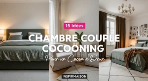 Collage de décorations de chambre à coucher cosy avec literie verte, fauteuils et rideaux bruns.