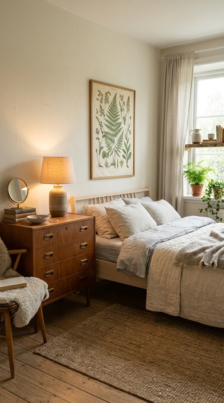 Chambre scandinave et vintage aux tons naturels et végétaux