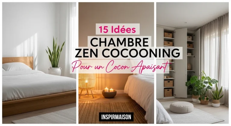 Triptyque d'une chambre zen avec décoration minimaliste, plantes vertes et éclairage chaleureux.