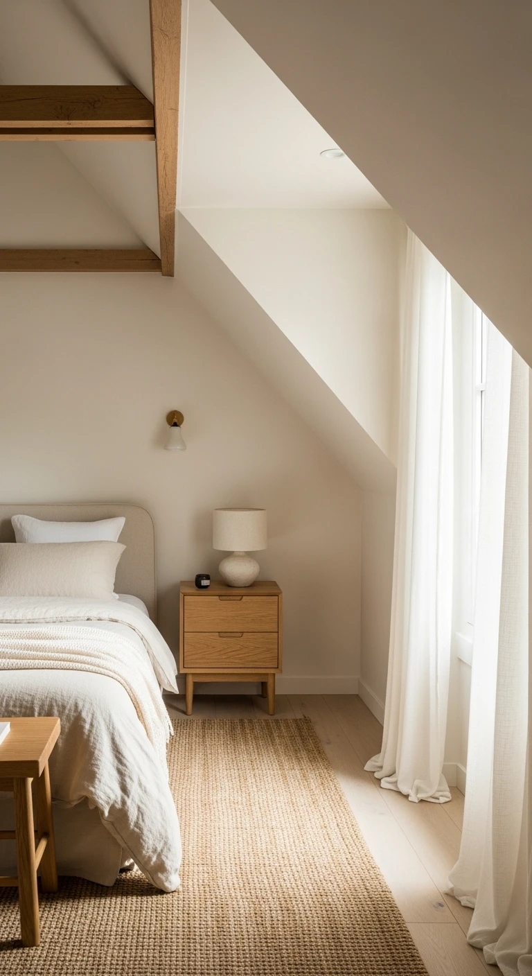 Aménagement de combles : chambre aux tons clairs et naturels