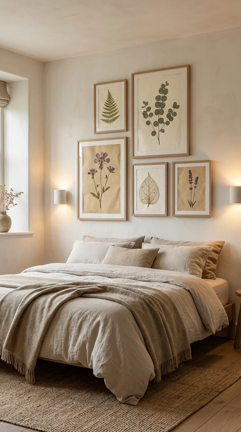 Décoration murale avec herbiers encadrés dans une chambre beige
