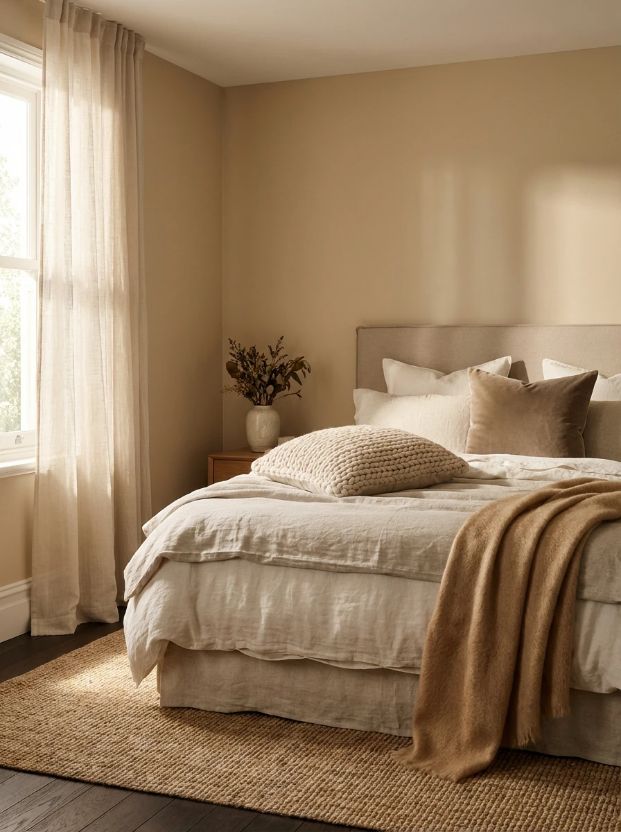 Chambre aux tons neutres et textiles naturels