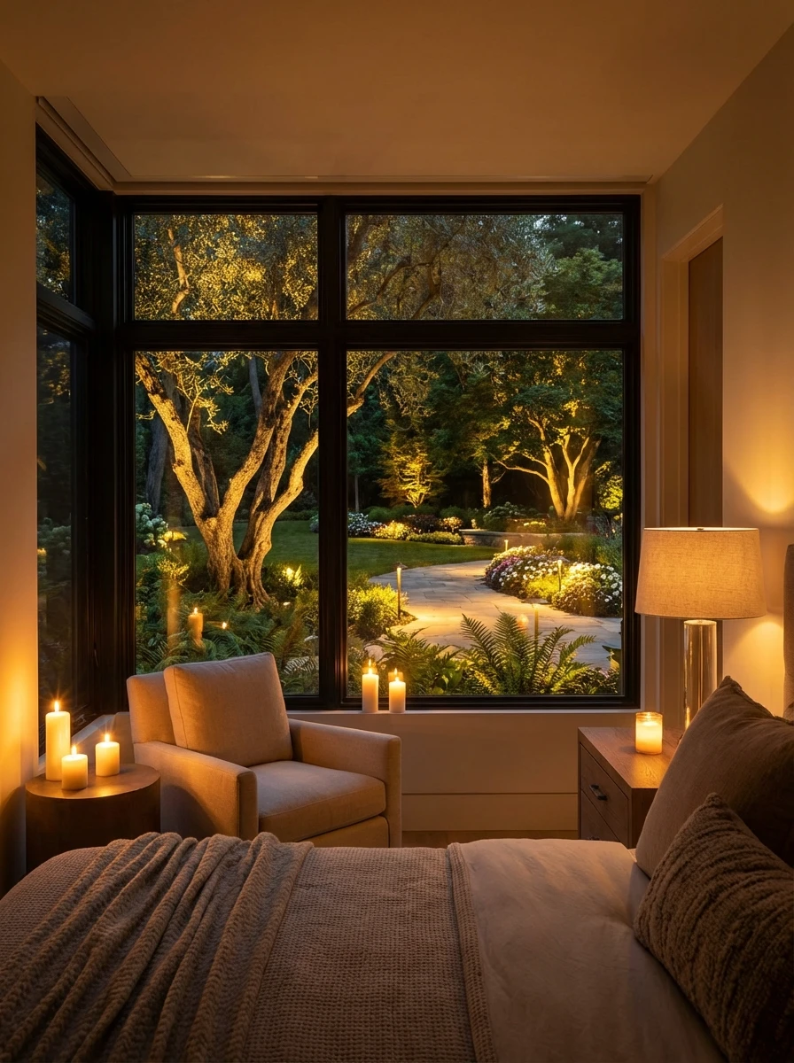 Éclairage de jardin nocturne vu d'une chambre chaleureuse
