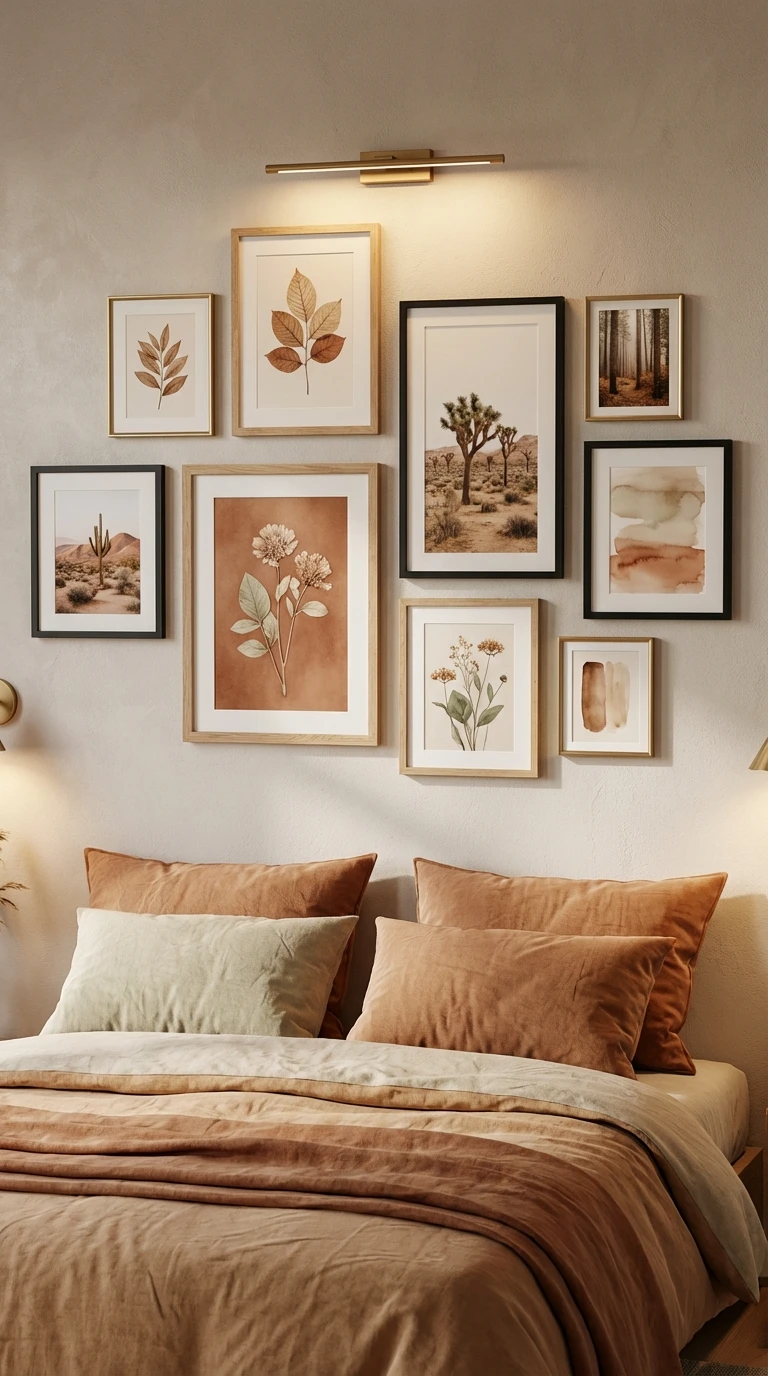 Mur de cadres décoratifs aux tons terreux et naturels