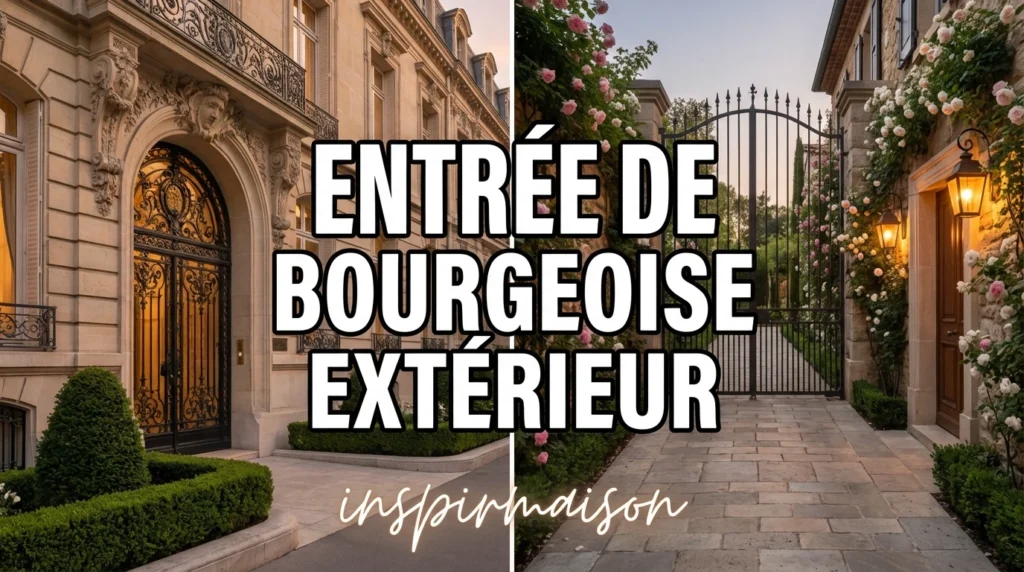 Entrée luxueuse avec porte monumentale en fer forgé et portail de jardin fleuri de roses.
