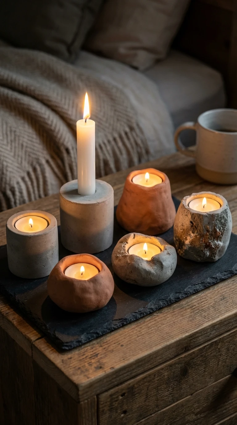 Bougeoirs artisanaux en béton et argile