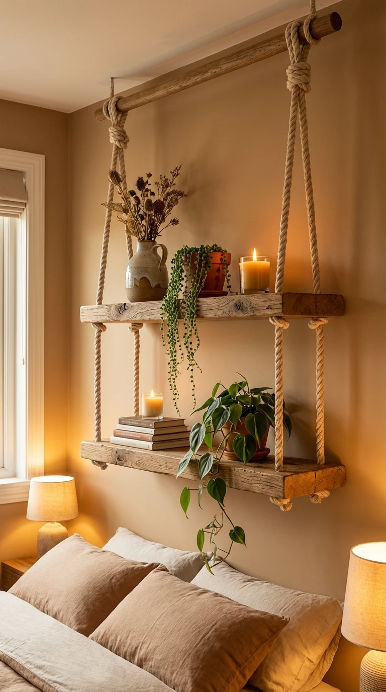 Étagères suspendues DIY en bois rustique et corde