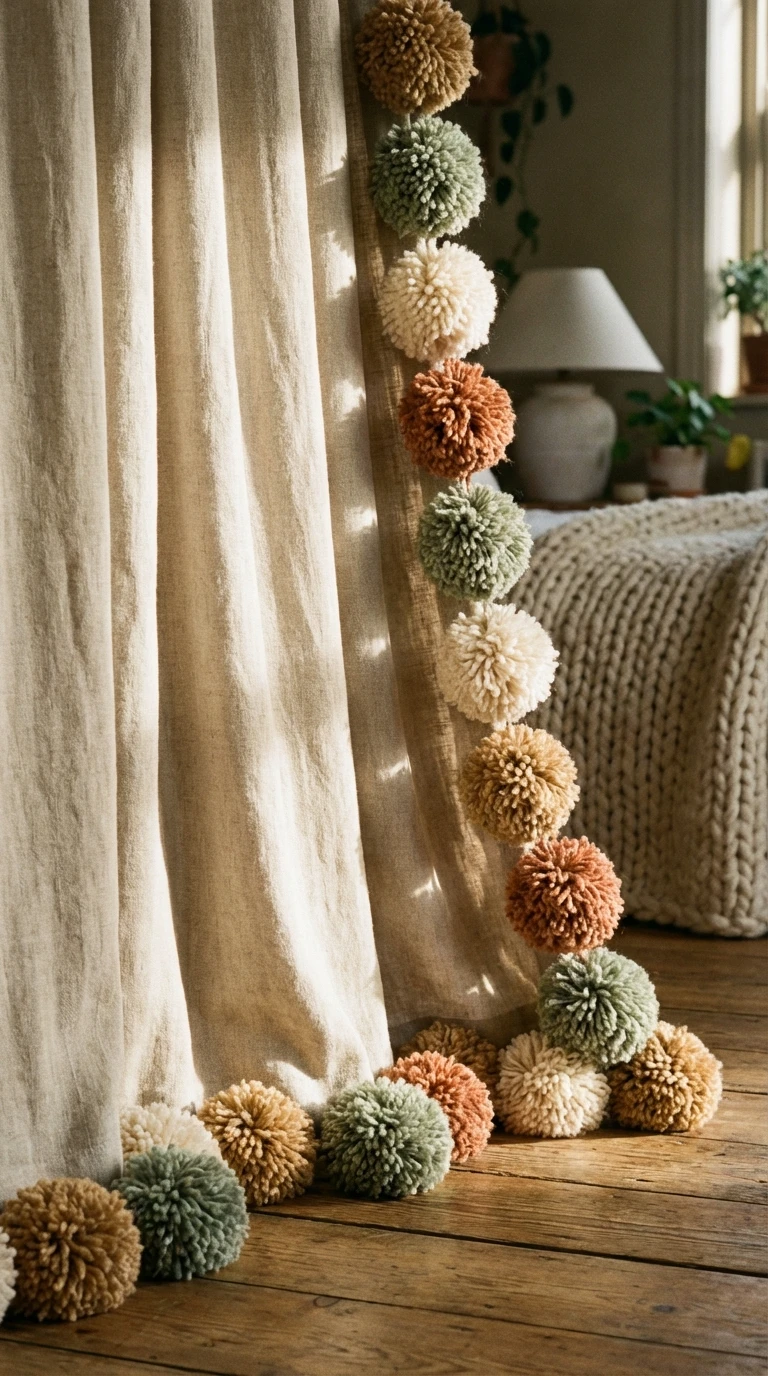 Décoration DIY : Rideaux ornés de pompons en laine colorés