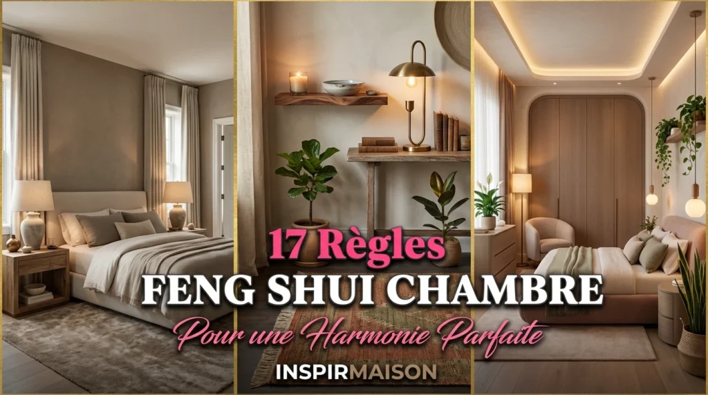 Collage de trois chambres décorées selon les principes du Feng Shui dans des tons neutres et apaisants.