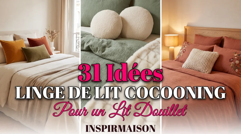 Collage de trois chambres avec du linge de lit douillet aux couleurs naturelles et coussins texturés.