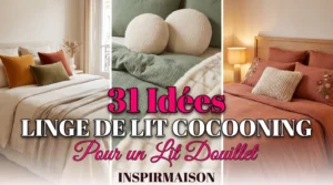 Collage de trois chambres avec du linge de lit douillet aux couleurs naturelles et coussins texturés.