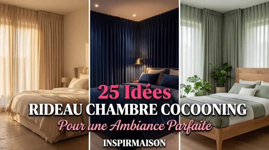 Collage de trois styles de rideaux pour une chambre cocooning aux tons neutres et apaisants.