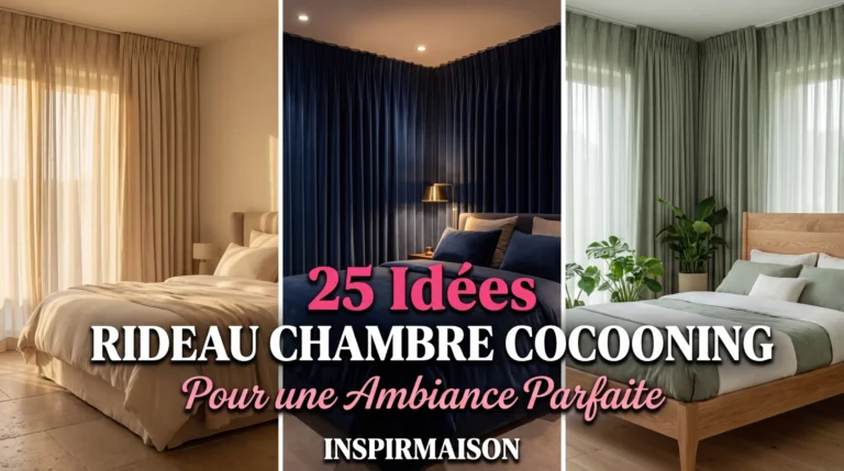 Collage de trois styles de rideaux pour une chambre cocooning aux tons neutres et apaisants.