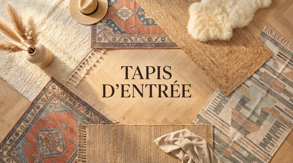 Plusieurs styles de tapis d'entrée disposés en cercle sur un parquet avec le texte central 'Tapis d'entrée'.