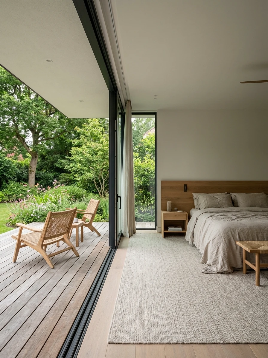 Chambre moderne avec baie vitrée ouvrant sur une terrasse et un jardin