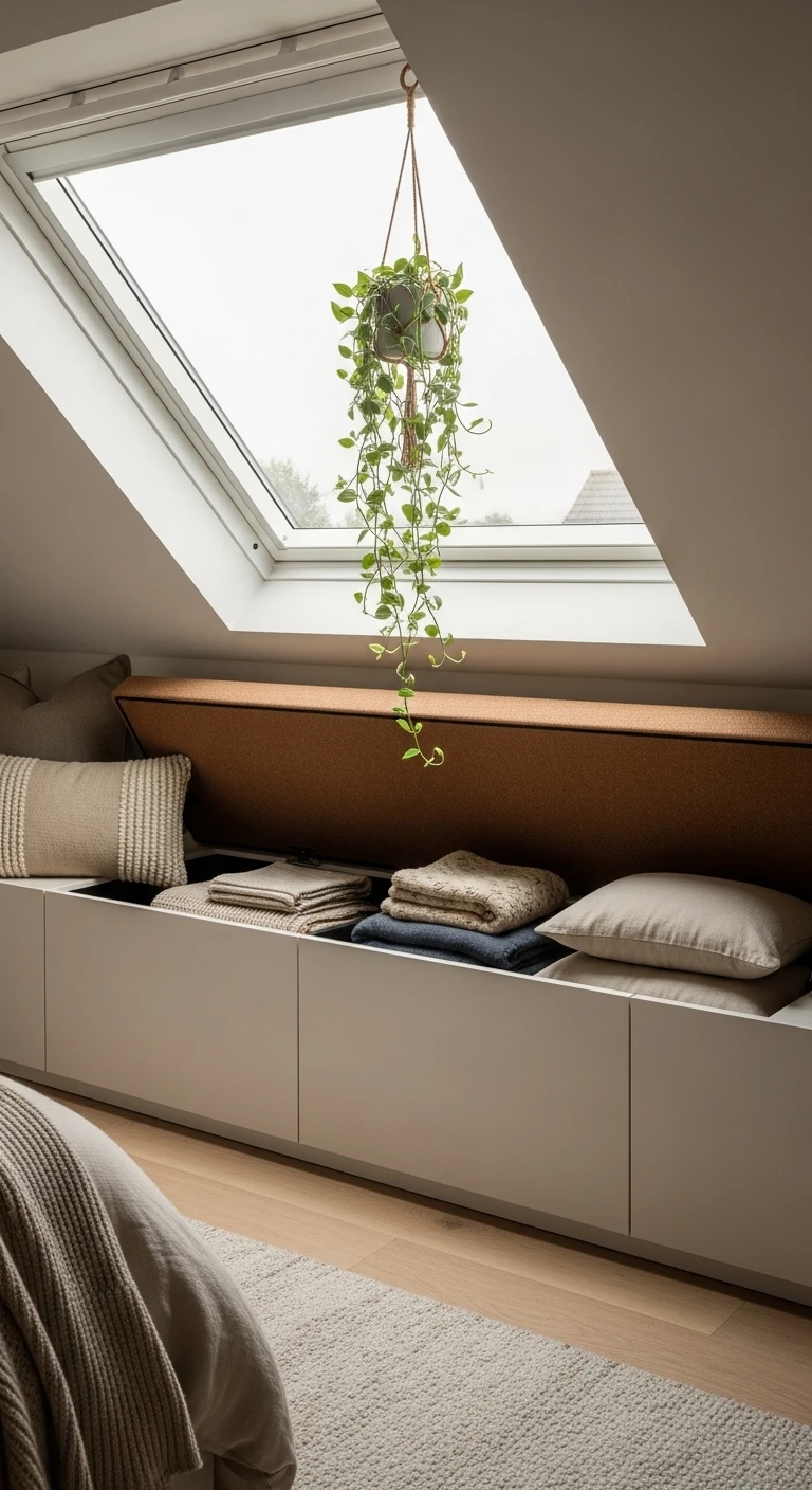 Banquette coffre sous velux : assise et rangement optimisé