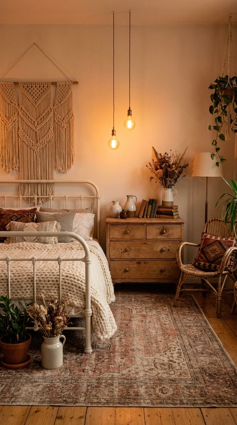 La chambre bohème vintage cocooning : marier le boho et