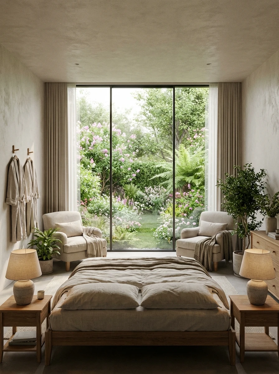 Chambre parentale avec vue panoramique sur un jardin luxuriant
