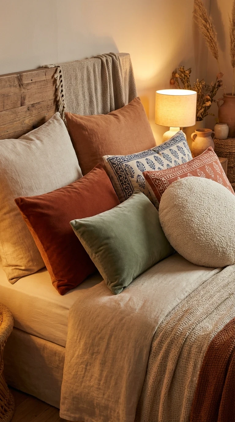 La collection de coussins en lin, velours et coton imprimé : le lit