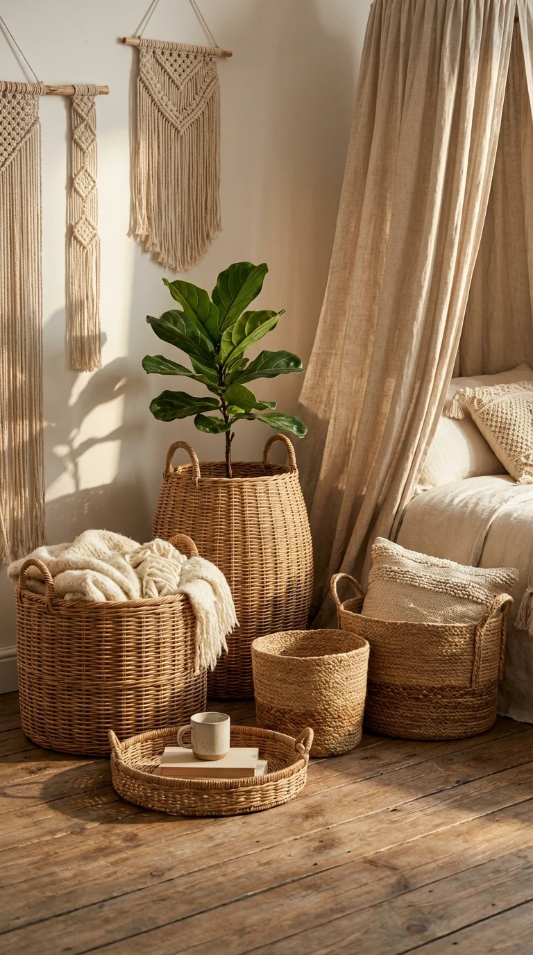 La collection de paniers en osier et jute : le rangement