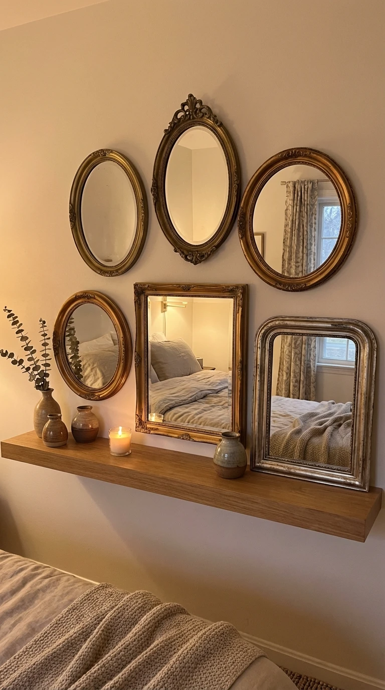 Collection de miroirs vintage sur étagère bois