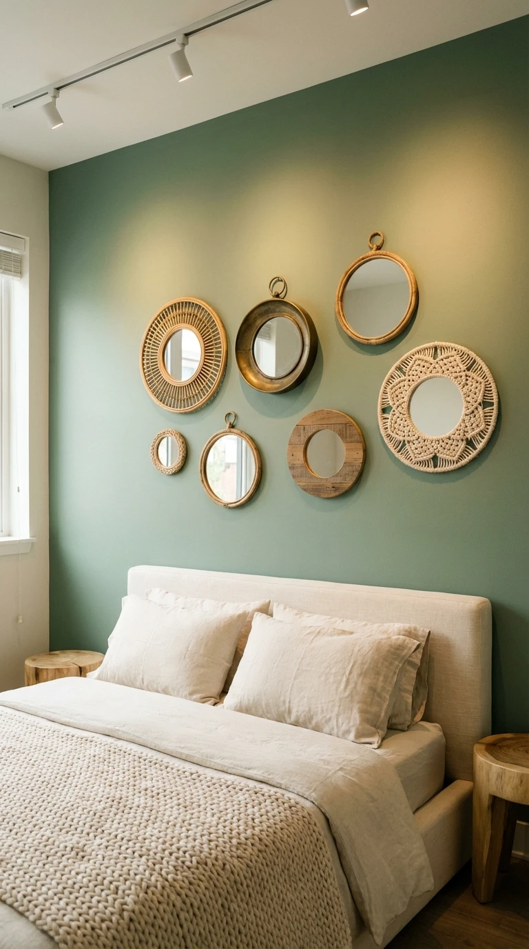 Décoration murale de miroirs ronds sur un mur vert