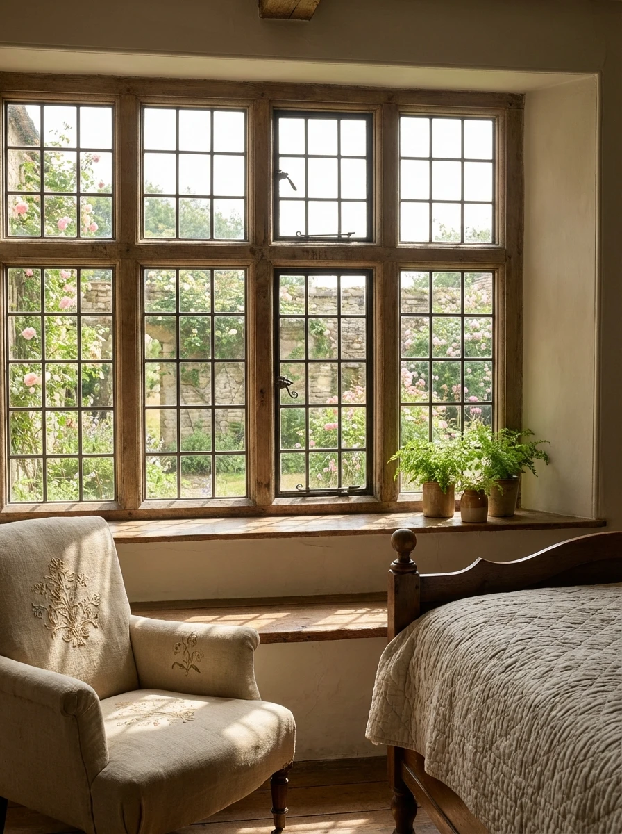 Fenêtre à l'ancienne à petits carreaux et vue sur jardin