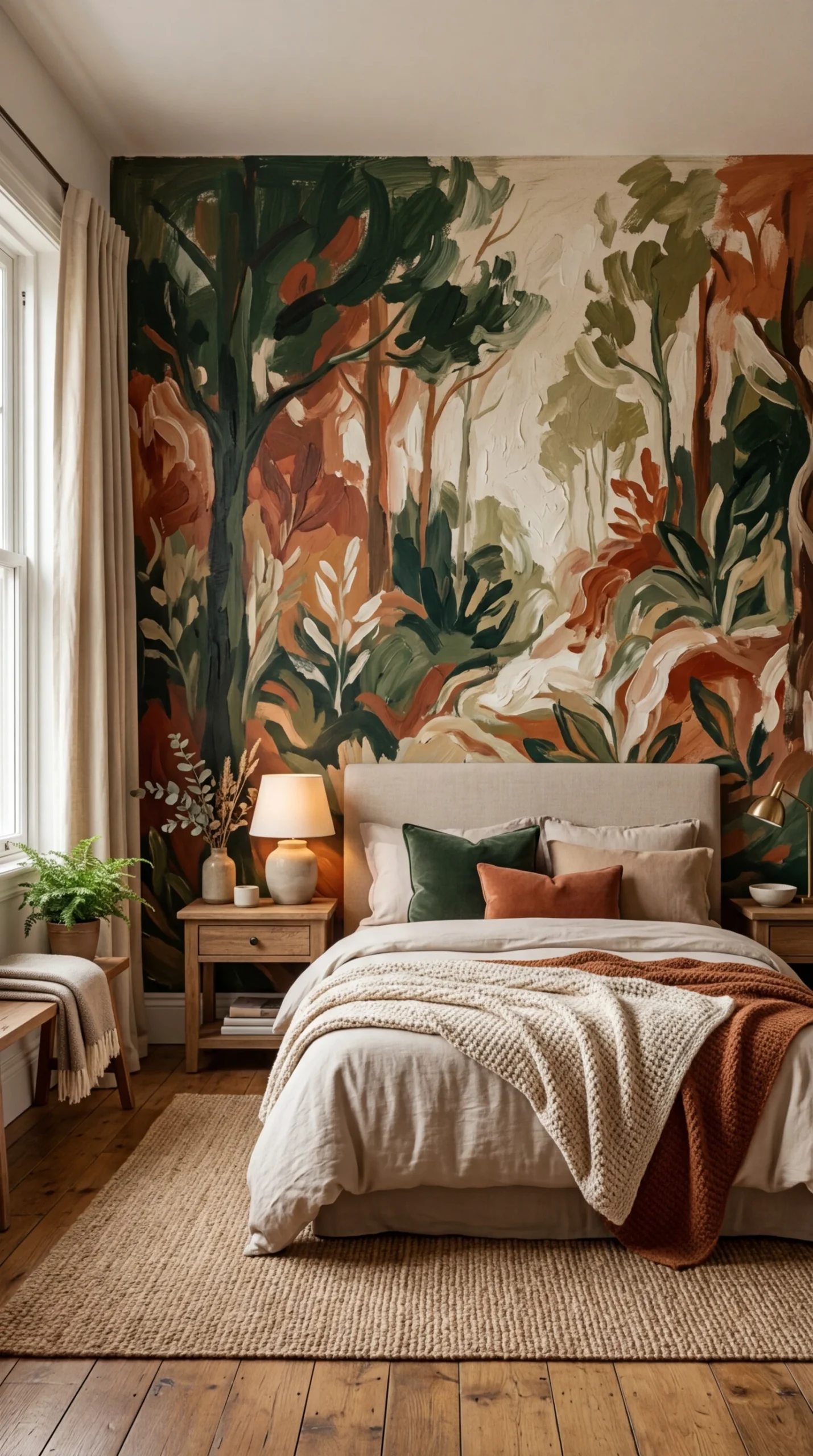 Chambre avec fresque murale forestière peinte à la main