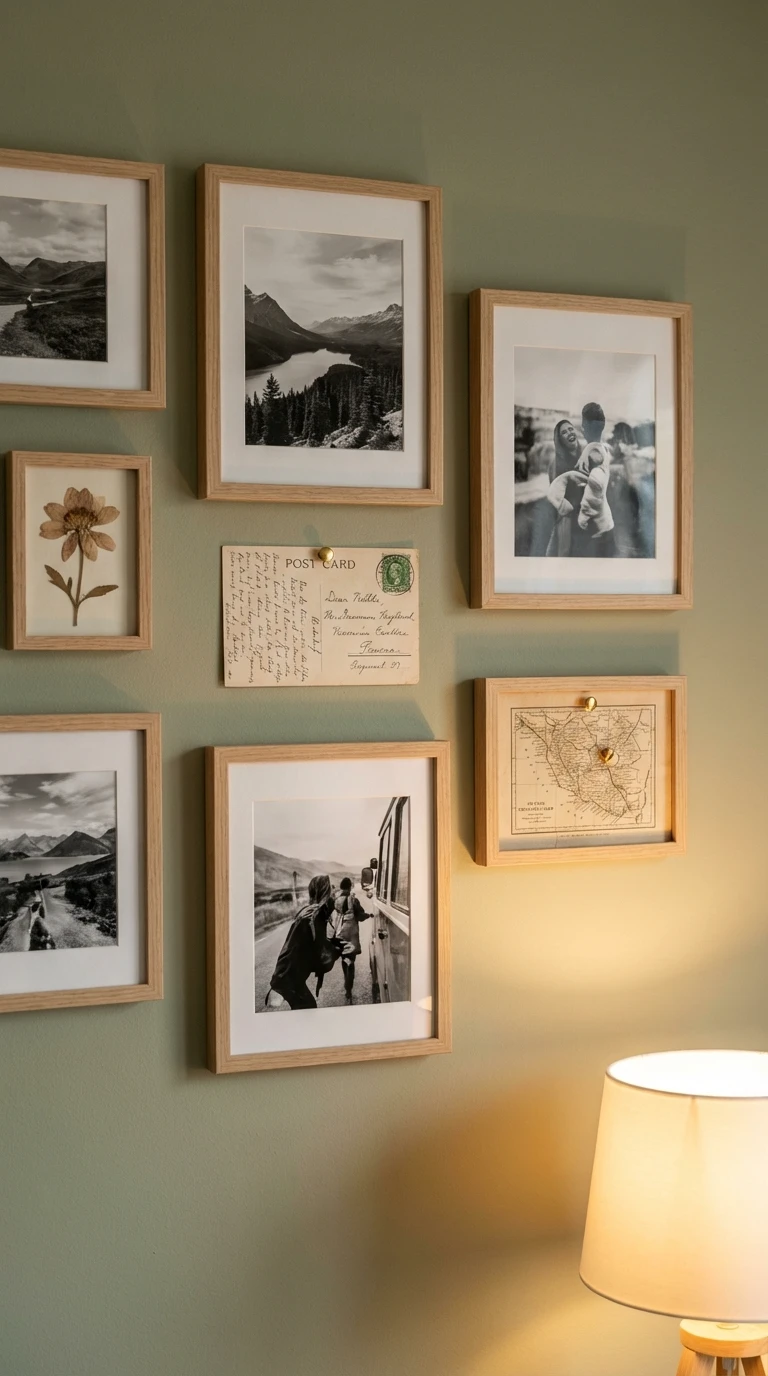 Galerie murale de souvenirs : cadres photos et objets vintage