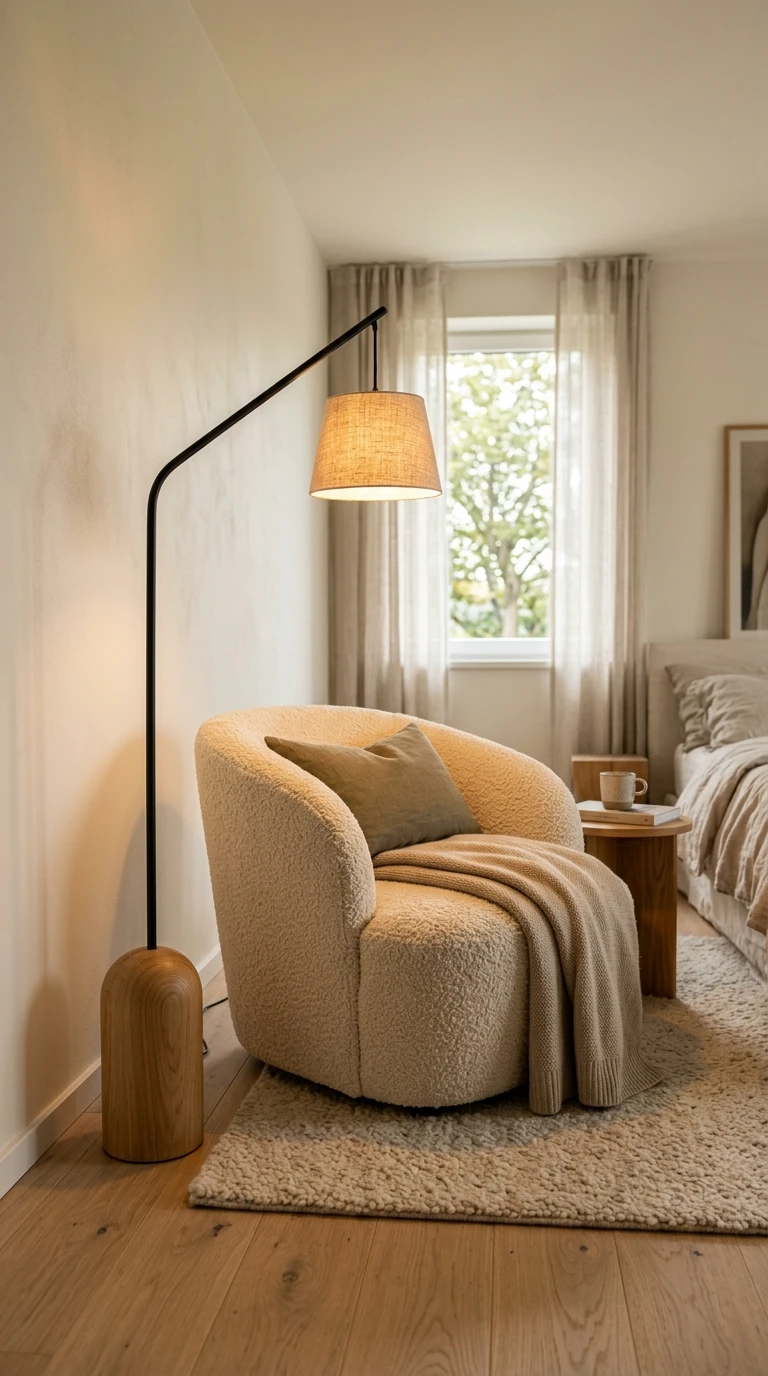 Lampe sur pied architecturale bois et métal, fauteuil cosy et décor naturel