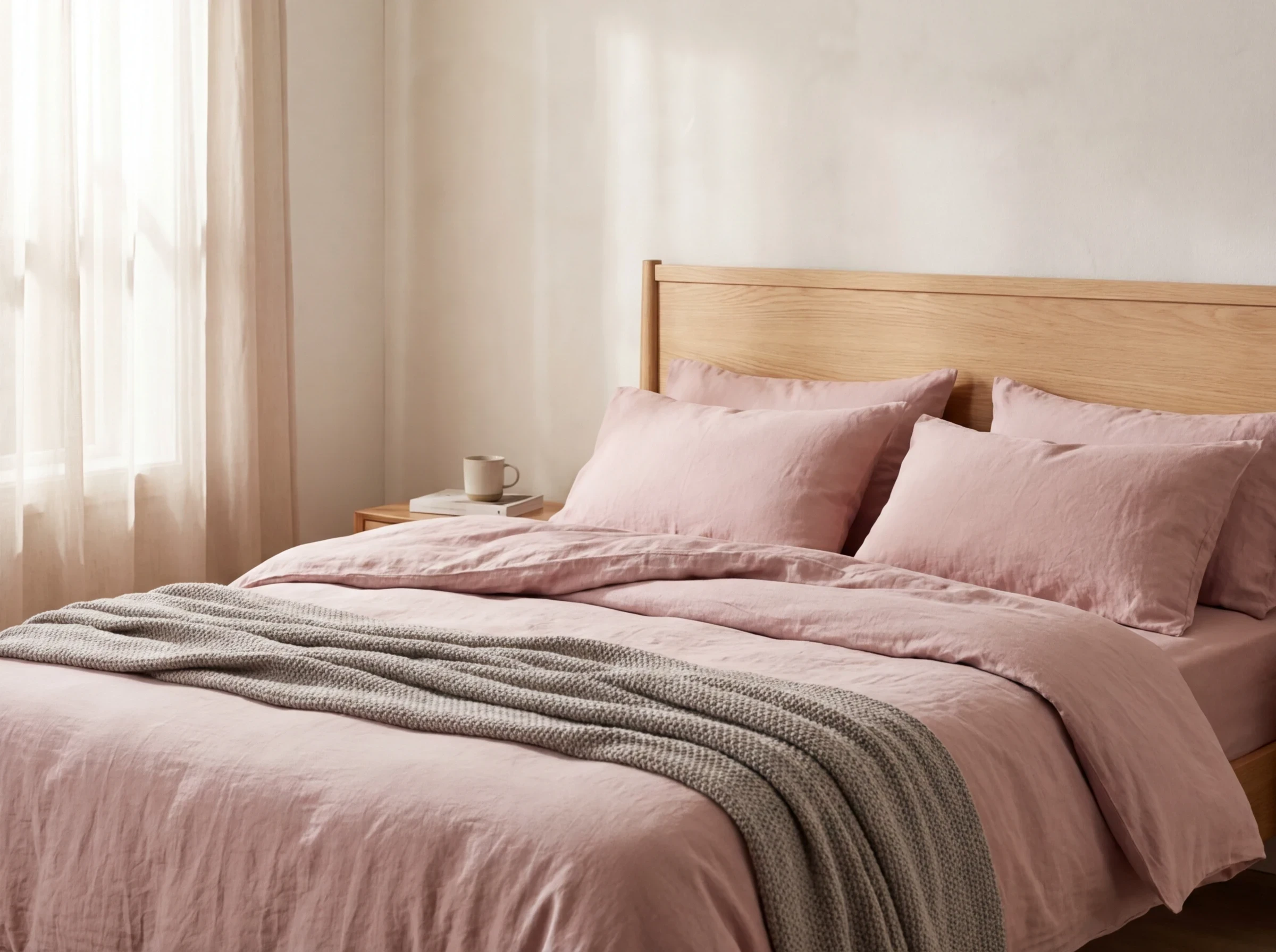 Le linge de lit en coton lavé rose poudré pour une chambre cocooning
