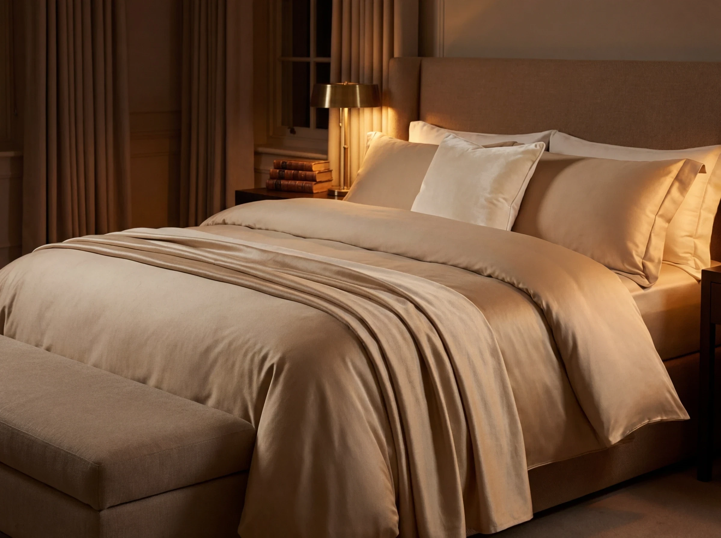 Linge de lit en coton satiné champagne : le parfum intégré à la chambre