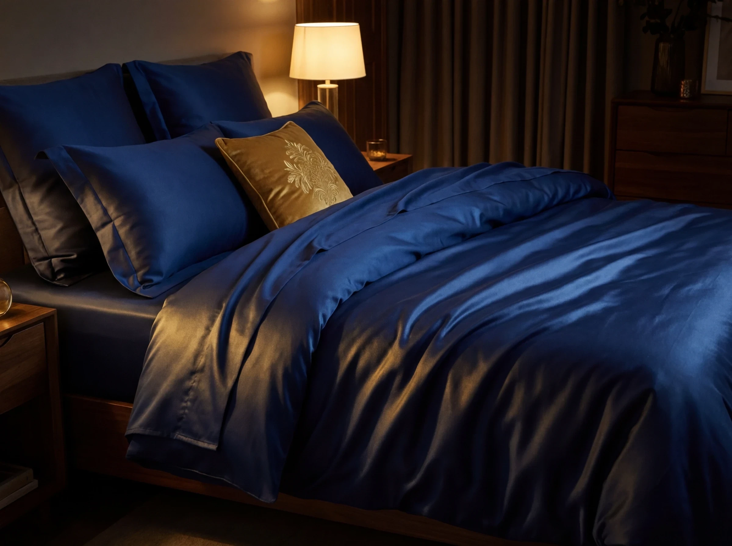 Linge de lit en satin bleu nuit : le parfum intégré à la chambre